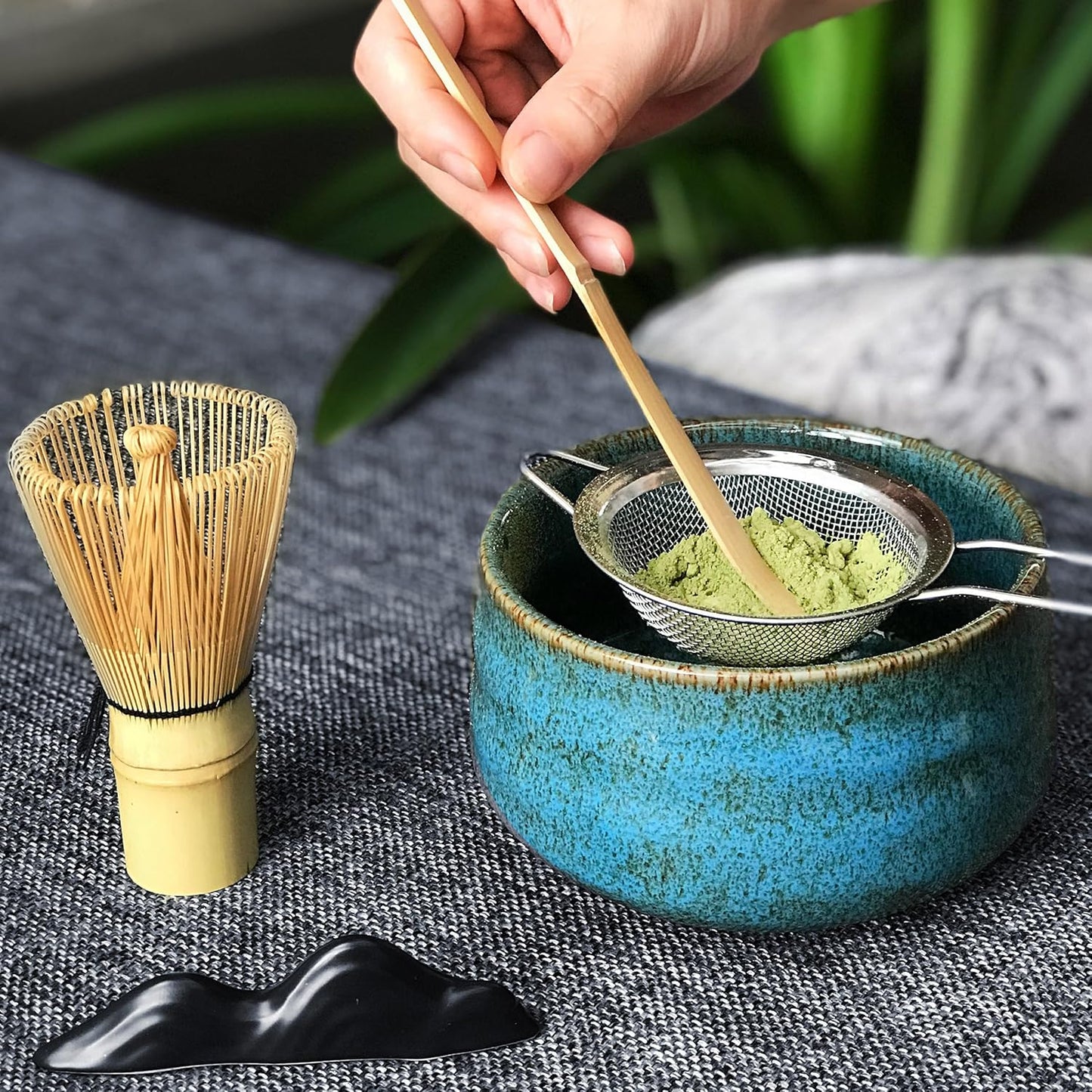 Japanese Matcha Tea Set(7pcs),Matcha Bowl And Whisk Set,Whisk Holder, Matcha Powder Sifter, Bamboo Scoop,The Perfect Matcha Tools Kit For Matcha Tea Ceremony (Kiln Glaze-Blue)