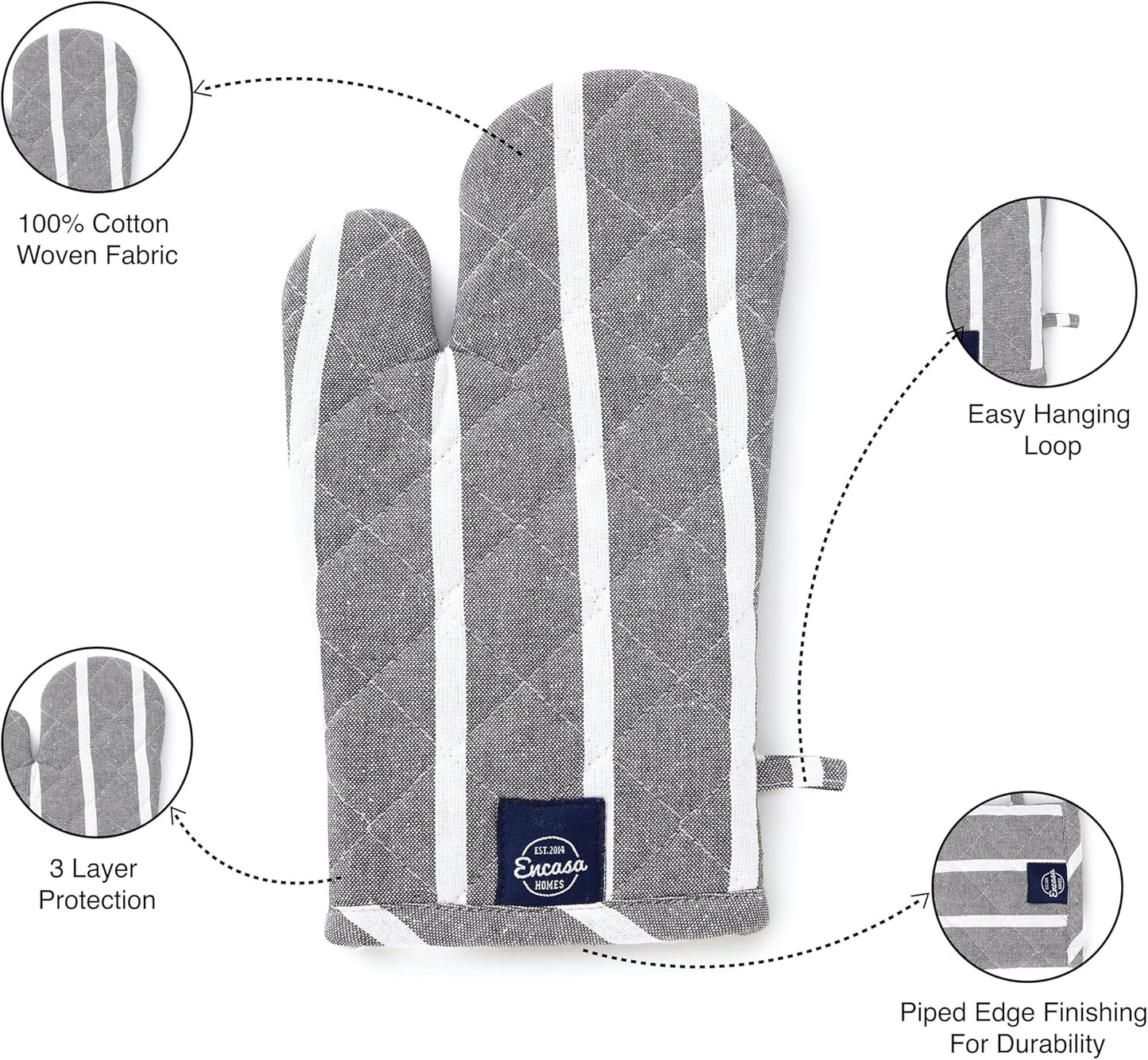 Encasa XO Long 12"x7" Oven Microwave Hand Gloves Mitts (2 pc Set) for Kitchen Cooking & Baking - Heat Resistant, Thick & Safe, Protection of Hands from Hot Utensils - Roma Grey Stripes