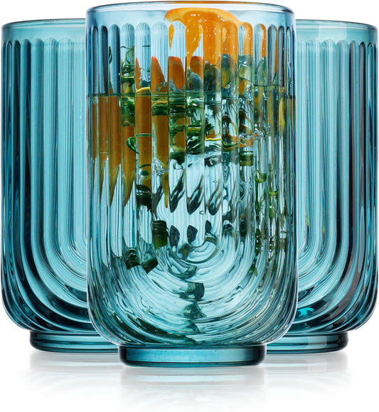 Glaver's Vintage Glassware Art Deco Highball Glasses Set of 4 Blush Ribbed Drinking Glasses 17 Oz U-Shape Arch Design Colored Cocktail Kitchen Tumblers Everyday Dinner Decorative Party, Blue
