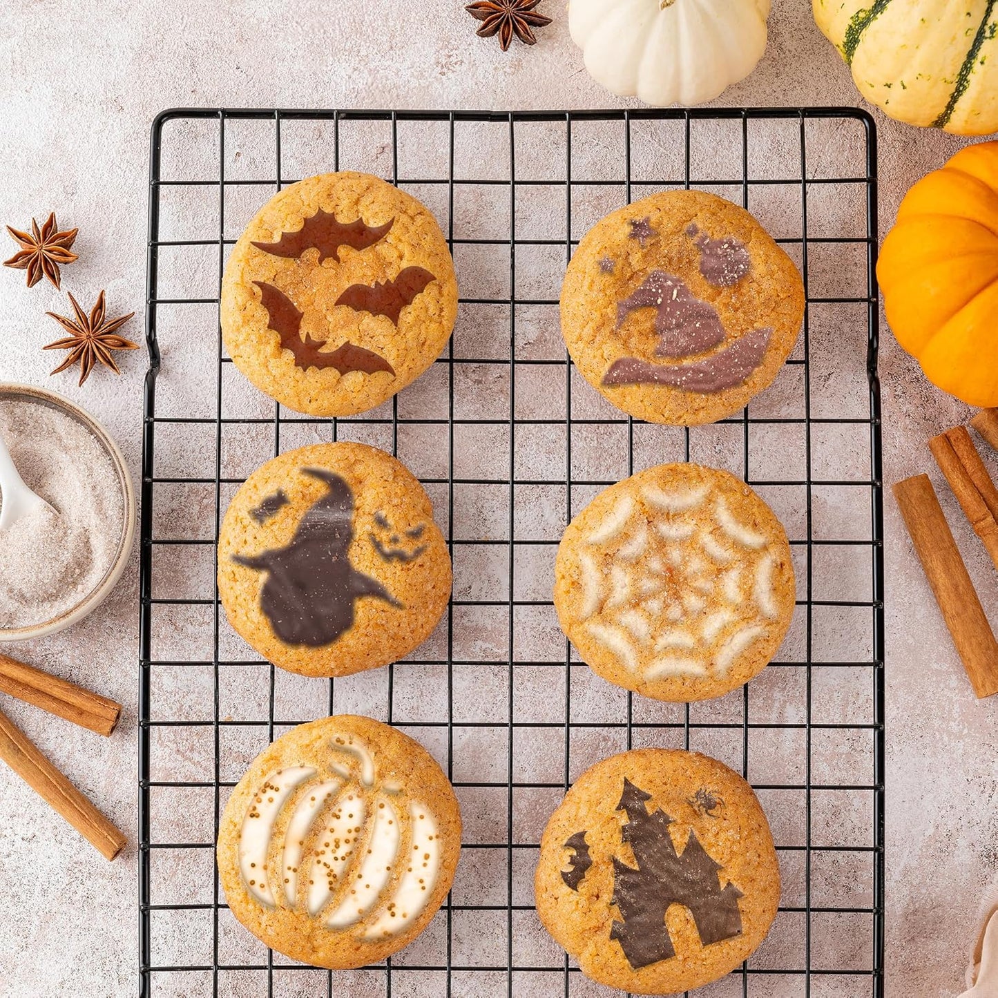 NAKLEO Coffee Cookies Decoration Reusable Plastic Baking Stencil - 7x7cm and 11x11cm / 2.8'x2.8' and 4.3'x4.3' - Halloween Ghost Spider - Art Craft DIY Biscuit Pastry Cake Glaze Kitchen
