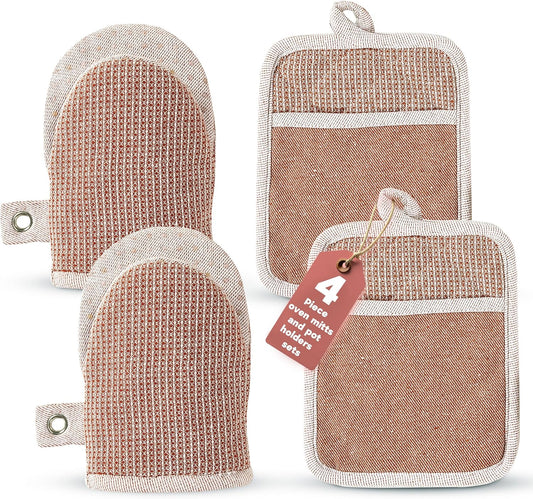 Casa Platino Cute Oven Mitts & Pot Holders, 4-Piece – Oven Mitts Heat Resistant for Grilling & Baking, Pot Holder for Hot Cookware & Microwave – Withstands Up to 500°F, Non-Slip – Canyon Rose
