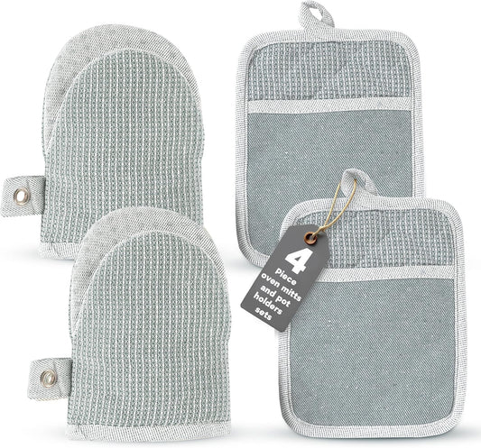 Casa Platino Heat Resistant Oven Mitts & Potholders, 4-Piece – Oven Mitts and Pot Holders Sets for Baking, Grilling & Microwave – Withstands Heat Up to 500°F, Non-Slip, Machine Washable – Grey
