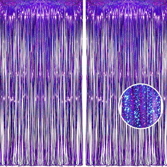 BRAVESHINE Purple Tinsel Foil Fringe Curtains - 2Pcs 3.2x8.2ft Metallic Holidays Photo Backdrop for Halloweens Birthdays Valentine's Bridal Shower Bachelorette Anniversary Engagement Party Supplies