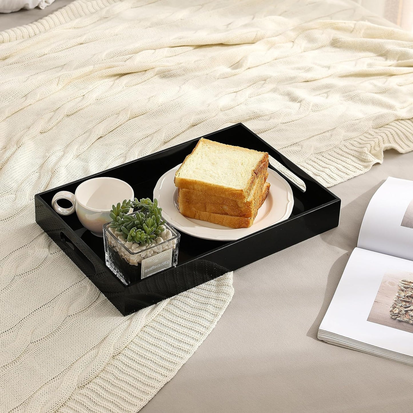 Glossy Black Sturdy Acrylic Serving Tray with Handles-12x20Inch-Serving Coffee,Appetizer,Breakfast,Butler-Kitchen Countertop Tray-Makeup Drawer Organizer-Vanity Table,Ottoman Tray-Decorative