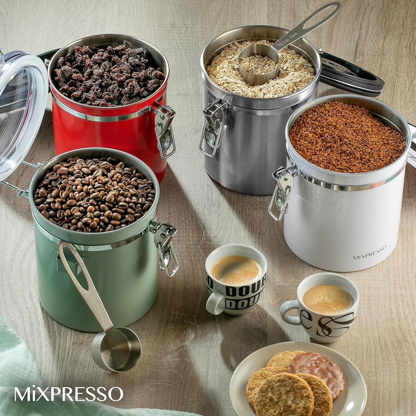 Mixpresso 16 Oz Coffee Canister with Scoop, Stainless Steel Airtight Coffee Container, Air tight Jar Tea Storage with Date Tracker, Vacuum Sealed Espresso Airtight Canister, Sugar Container for Home